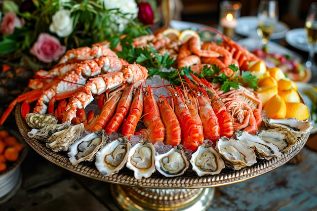 A bandeja de frutos do mar inclui cauda de lagosta e mariscos do Alasca