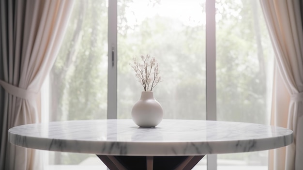 A base de uma sala de estar limpa, as partes internas com enfeites de janela estão nubladas atrás de uma mesa de pedra de mármore branco limpa Recurso criativo gerado por IA