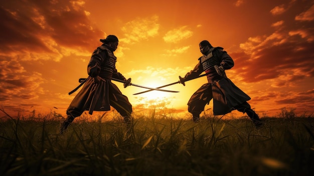 Foto a batalha de dois samurais em um prado sob o pôr do sol