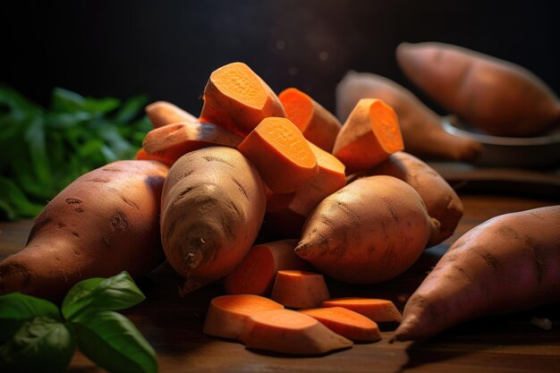 A batata doce é cortada em pedaços para o puré de batatas