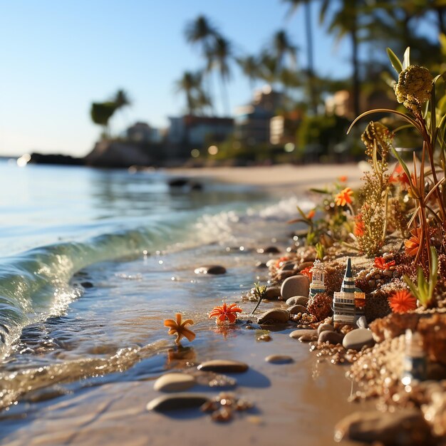 a_beach_with_sand_and_a_large_body_of_water_in_the_style