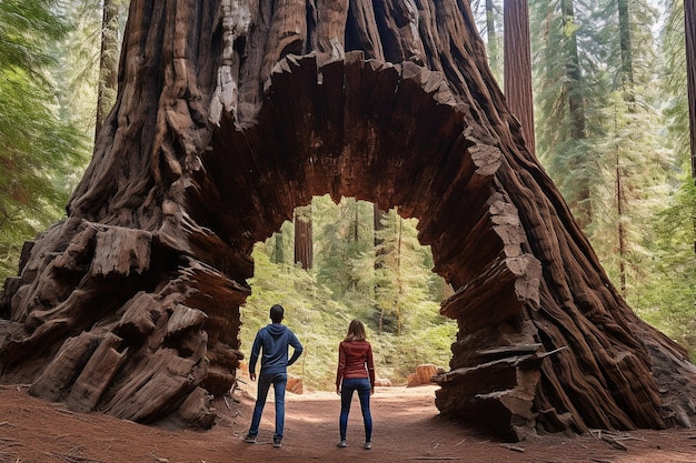 A bela árvore túnel chamada tronco túnel no parque nacional da sequóia