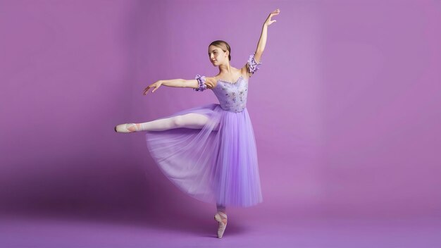 A bela bailarina dançando em um longo vestido de lila em fundo de lila