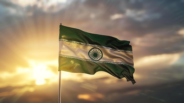 Foto a bela bandeira de uma nação fictícia soprando no vento a bandeira tem um campo verde com uma faixa branca no meio