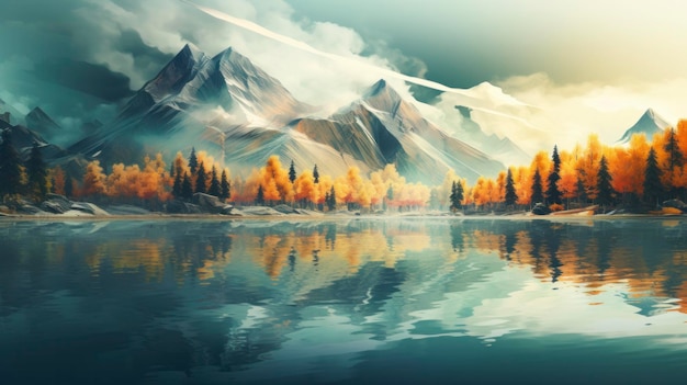 A bela cena da natureza mostra-se em águas de montanha calmas feitas por IA