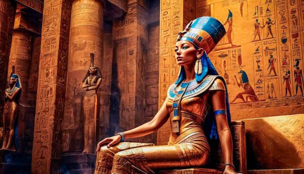 Foto a bela deusa egípcia faraó hatshepsut senta-se num trono de ouro no templo de dendera