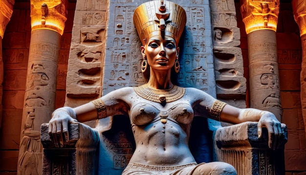 A bela deusa egípcia Faraó Hatshepsut senta-se num trono de ouro no templo de Dendera