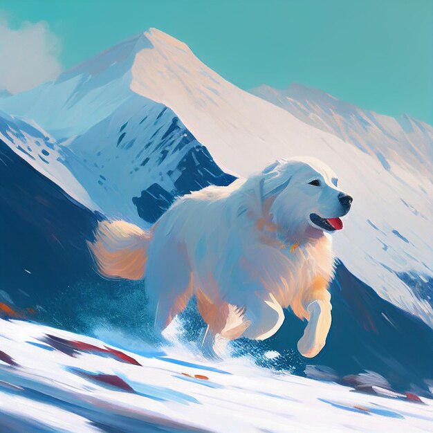 A bela ilustração captura o conceito de inverno com um majestoso cão dos grandes pireneus correndo