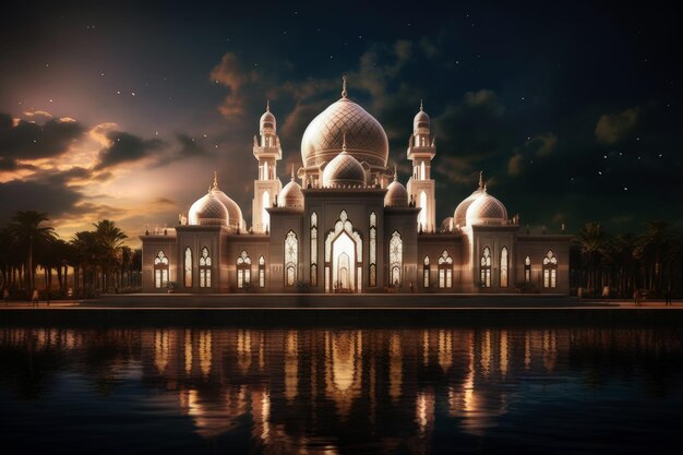 A bela mesquita brilha à noite contra o céu escuro closeup extremo Generaive AI