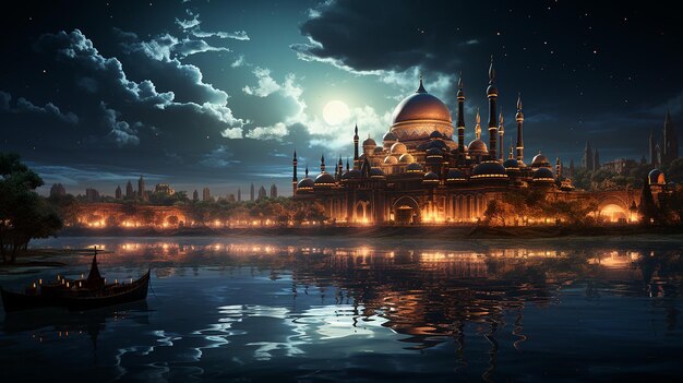 a bela mesquita serena à noite no abençoado mês do ramadã o iluminado
