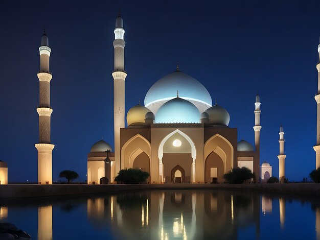 A bela mesquita serena à noite no mês abençoado de Ramadã a IA iluminada gerada