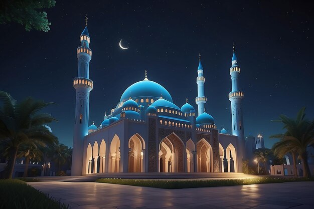 Foto a bela mesquita serena à noite no mês abençoado de ramadã o iluminado