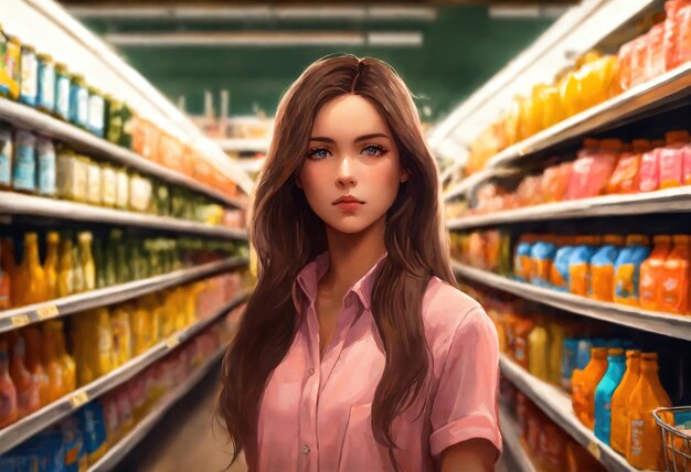 A bela mulher está olhando para as prateleiras para comprar algo do supermercado ai generative