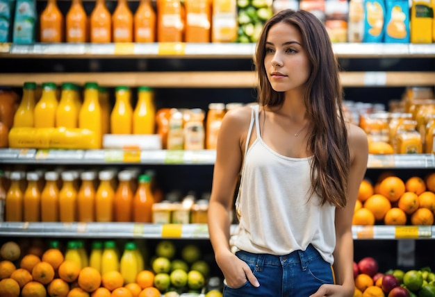 A bela mulher está olhando para as prateleiras para comprar algo do supermercado ai generative