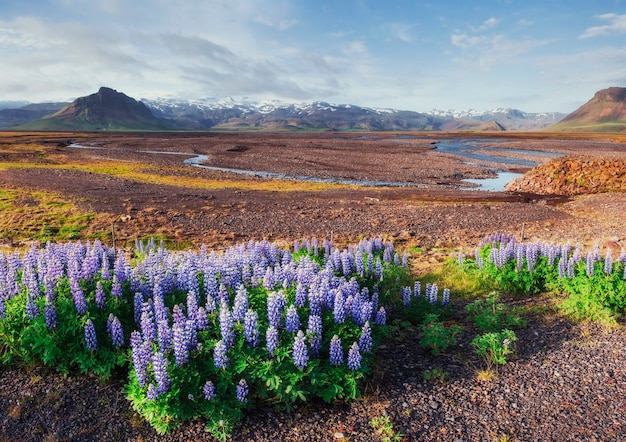 A bela paisagem de montanhas e rios na Islândia