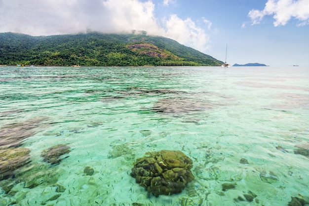 A bela paisagem natural com água do mar de um verde claro tem vista para os recifes de coral rasos da ilha de Koh Lipe, veja a ilha de Ko Adang como pano de fundo no céu azul de verão, Parque Nacional de Tarutao, Satun, Tailândia