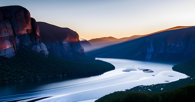 A bela paisagem natural de cachoeiras e montanhas ao amanhecer