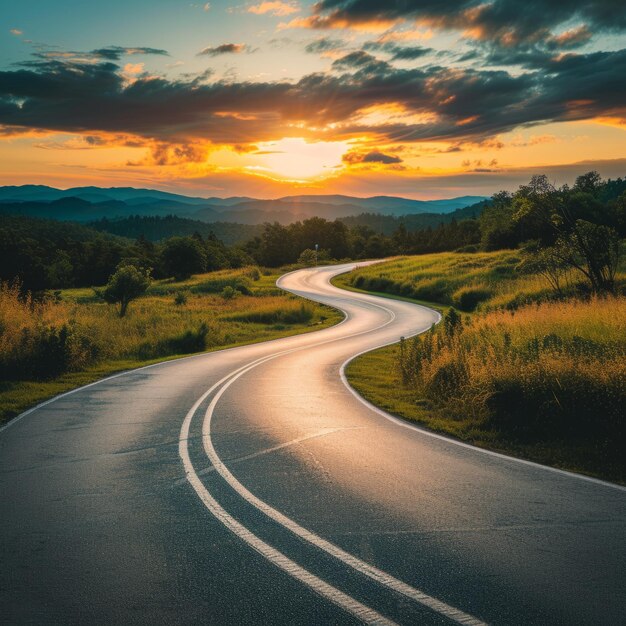 A bela paisagem uma estrada panorâmica que leva ao ponto de desaparecimento na natureza