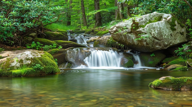 A bela vista de uma pequena cachoeira no meio de uma floresta verde exuberante a água é cristalina e as rochas estão cobertas de musgo
