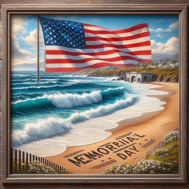 A beleza costeira, as ondas, a bandeira americana, o Dia da Memória escrito na areia.