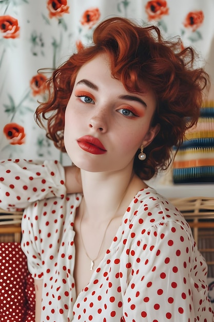 A beleza da mulher Spring Retro Glam brilha em roupa inspirada