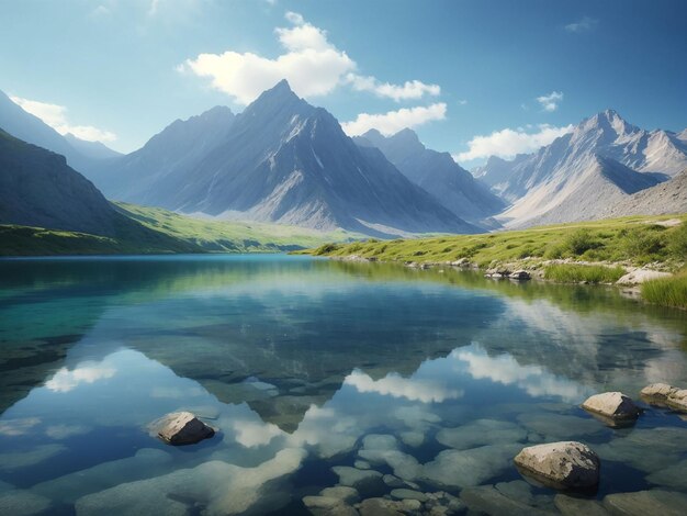 A beleza da natureza refletida nas águas tranquilas da montanha gera IA