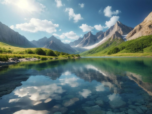 A beleza da natureza refletida nas águas tranquilas da montanha gera IA