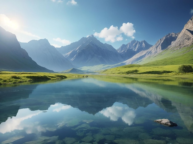 A beleza da natureza refletida nas águas tranquilas da montanha gera IA