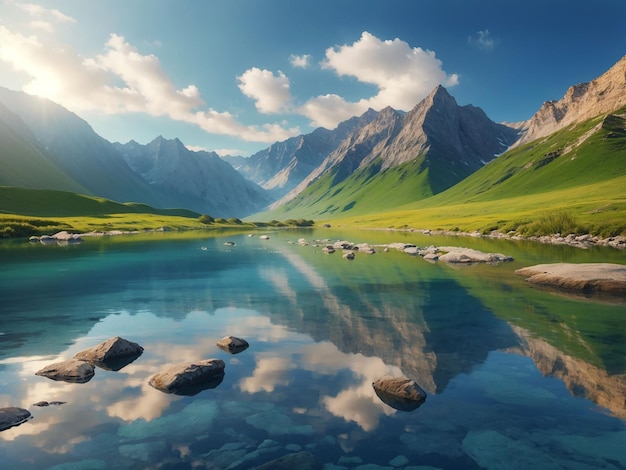 A beleza da natureza refletida nas águas tranquilas da montanha gera IA