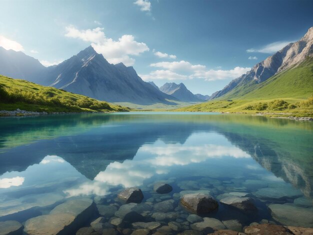 A beleza da natureza refletida nas águas tranquilas da montanha gera IA