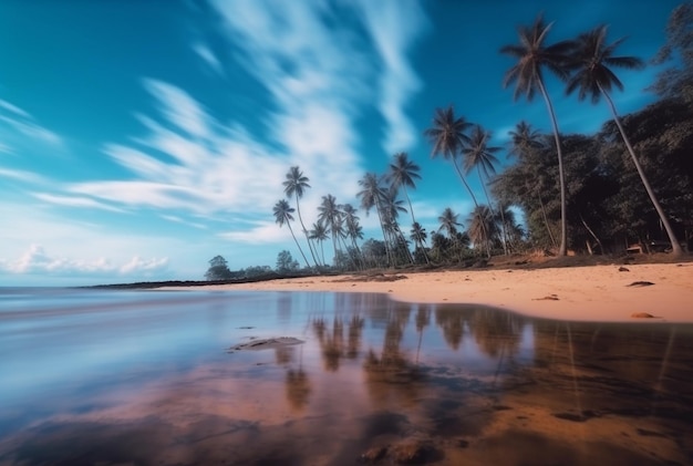 A Beleza da Praia com Céu Azul e Lindas Nuvens com Coqueiros pela Manhã