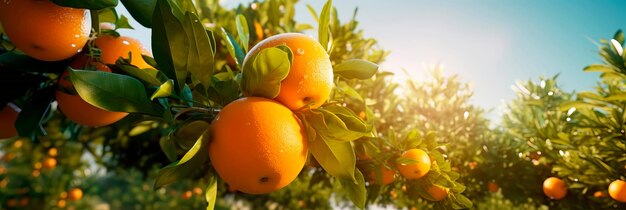 Foto a beleza das laranjas maduras contra o pano de fundo de um pomar de citrinos coberto de sol