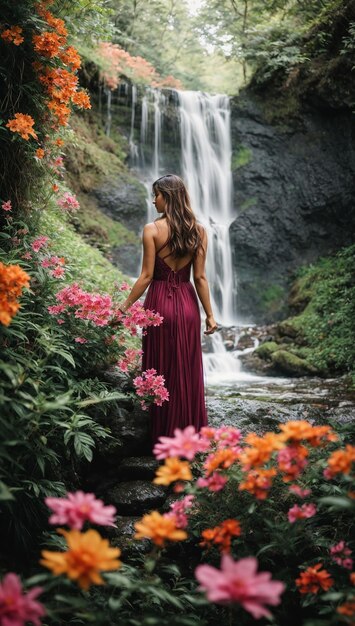 A beleza de tirar o fôlego de uma cachoeira em cascata cercada de vegetação e flores vibrantes ai