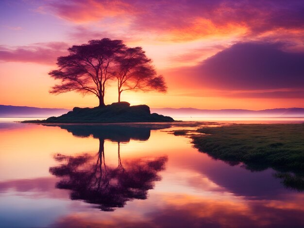 Foto a beleza de uma cena serena de pôr-do-sol com vista para um lago tranquilo