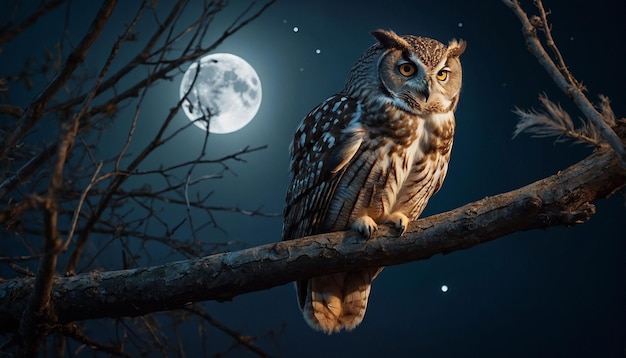 Foto a beleza de uma coruja empoleirada num ramo contra o pano de fundo de uma lua cheia as suas penas brilham suavemente