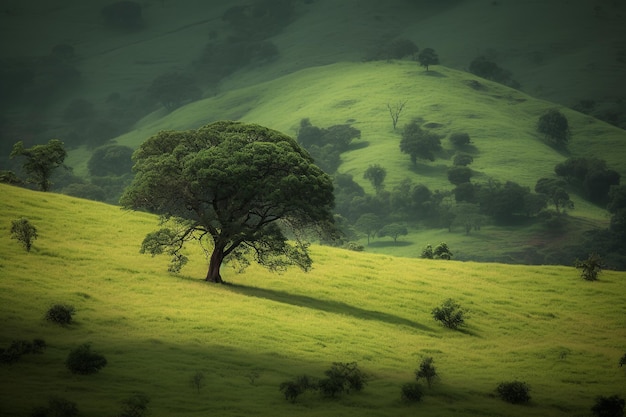 A beleza de uma única árvore cercada por colinas verdejantes criando uma cena pacífica e serena