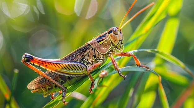 A beleza delicada de um gafanhoto empoleirado em uma folha de grama AI gerado ilustração