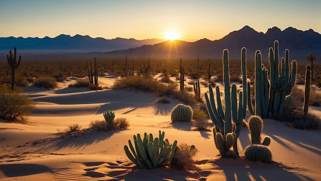 A beleza do deserto enquanto o sol se afunda abaixo do horizonte lançando longas sombras de cactos na areia.