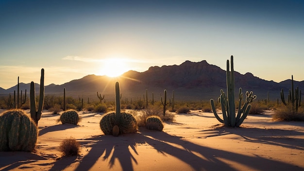 A beleza do deserto enquanto o sol se afunda abaixo do horizonte lançando longas sombras de cactos na areia.