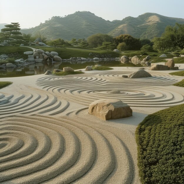 A beleza do jardim Zen com padrões de areia e pedra.