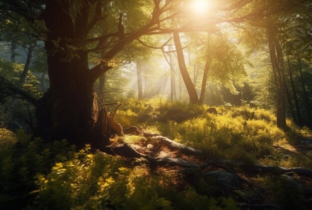 A beleza do sol da manhã entre as grandes árvores no meio da floresta generativa ai
