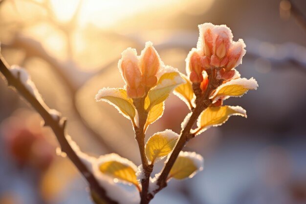 A beleza dos botões dos arbustos coberto de neve florescendo ramo de primavera de arbusto com geada no sol frio