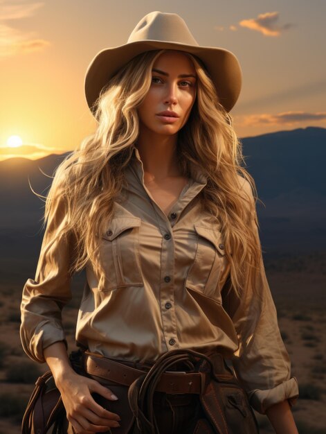 Foto a beleza elegante de uma vaqueira a graça encontra a areia da pradaria ecoa com o fascínio de uma mulher bonita de espírito livre o charme sereno de uma rapariga bonita retrato de graça