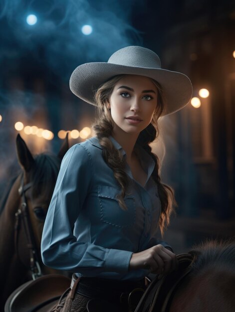 Foto a beleza elegante de uma vaqueira a graça encontra os ecos da pradaria com o fascínio de uma bela mulher de espírito livre o charme sereno de uma linda garota retrato da graça