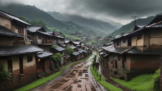 A beleza encantadora das colinas da aldeia na estação chuvosa