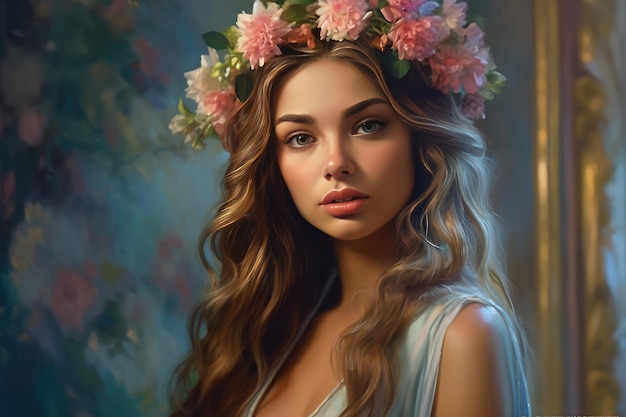 A beleza encantadora de uma mulher com uma coroa de flores