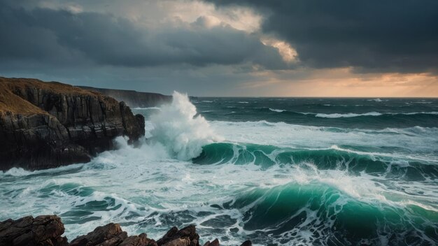 a beleza escarpada de uma costa rochosa batida por ondas violentas