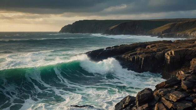 a beleza escarpada de uma costa rochosa batida por ondas violentas