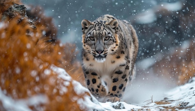 A beleza esquiva dos leopardos das neves navegando graciosamente pela neve.
