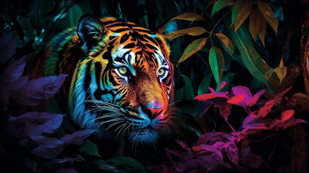 A beleza hipnotizante da natureza se desdobra como um magnífico tigre em pé em uma densa selva iluminada pelo brilho etéreo de uma aurora encantadora dançando no céu noturno